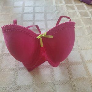 Cleo by Panache hot pink padded, wire, lace trim bra with yellow bow 34DDD/F
